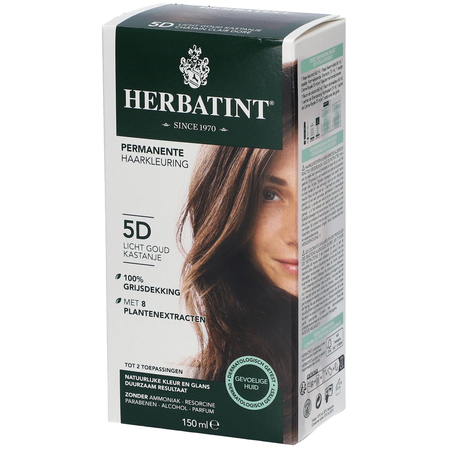 Boîte de coloration capillaire avec nom et nuance. Couvre 100% des cheveux gris et contient 8 extraits végétaux. Testé dermatologiquement.
