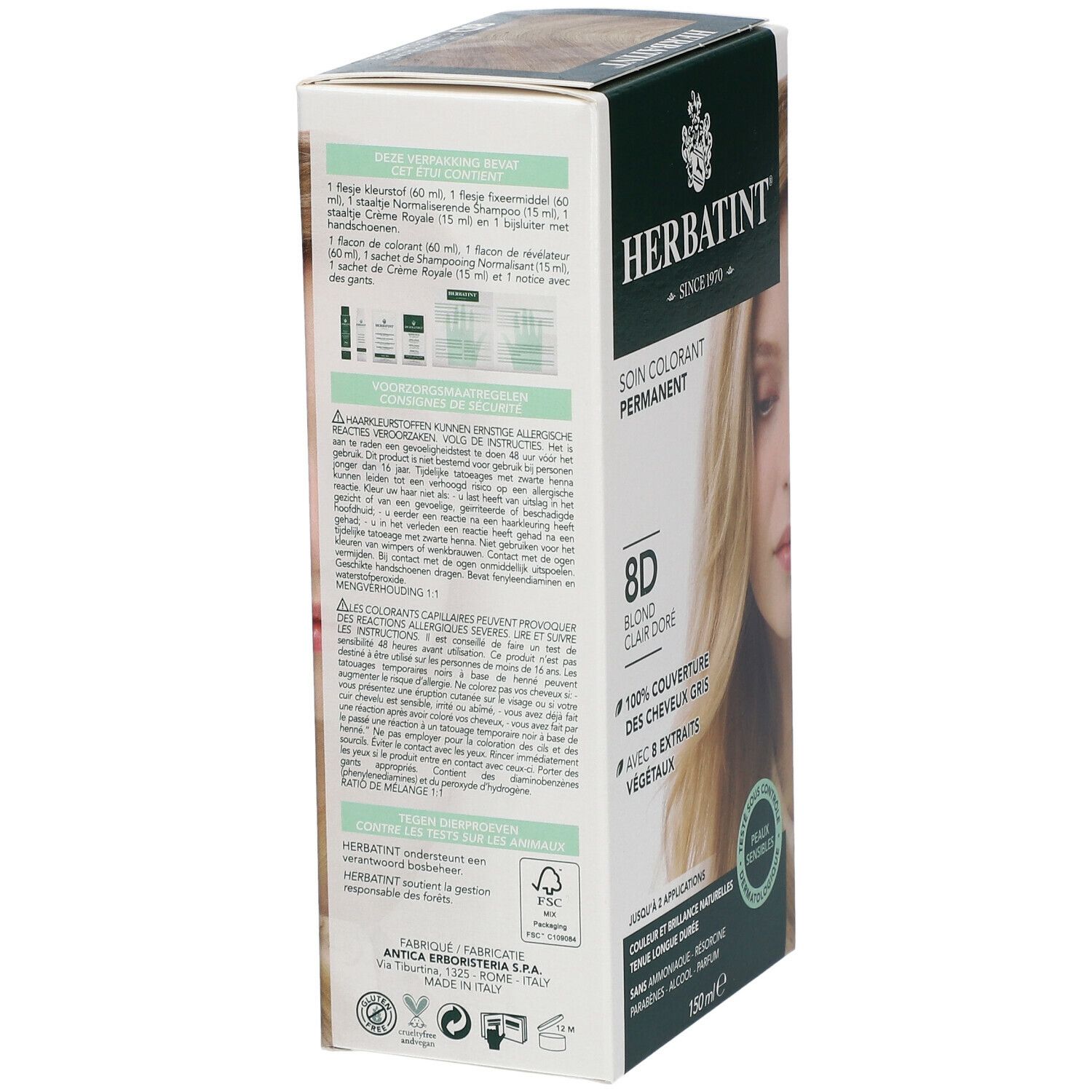 Emballage du produit. HERBATINT coloration permanente, 8D blond clair doré. 100% couverture des cheveux gris. Testé dermatologiquement. 150ml.