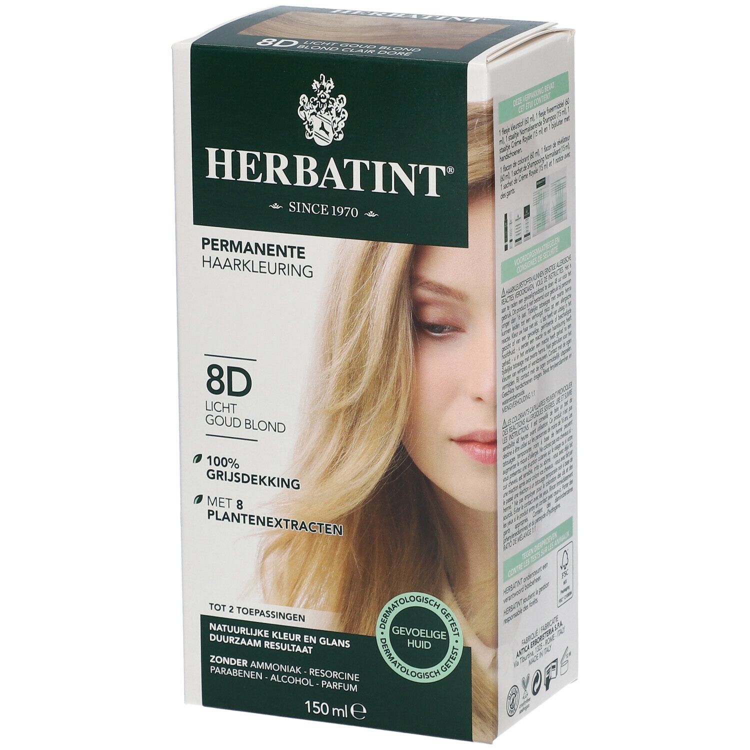 Emballage du produit. HERBATINT coloration permanente, 8D blond clair doré. 100% couverture des cheveux gris. Testé dermatologiquement. 150ml.