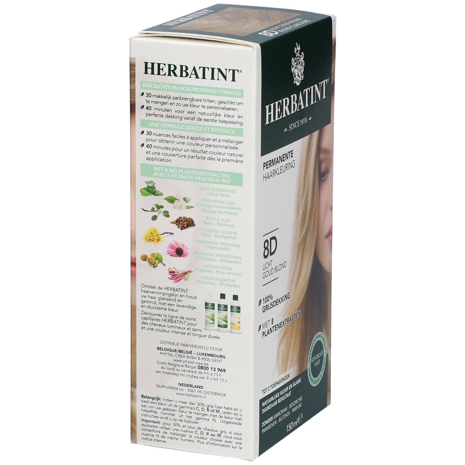 Emballage du produit. HERBATINT coloration permanente, 8D blond clair doré. 100% couverture des cheveux gris. Testé dermatologiquement. 150ml.