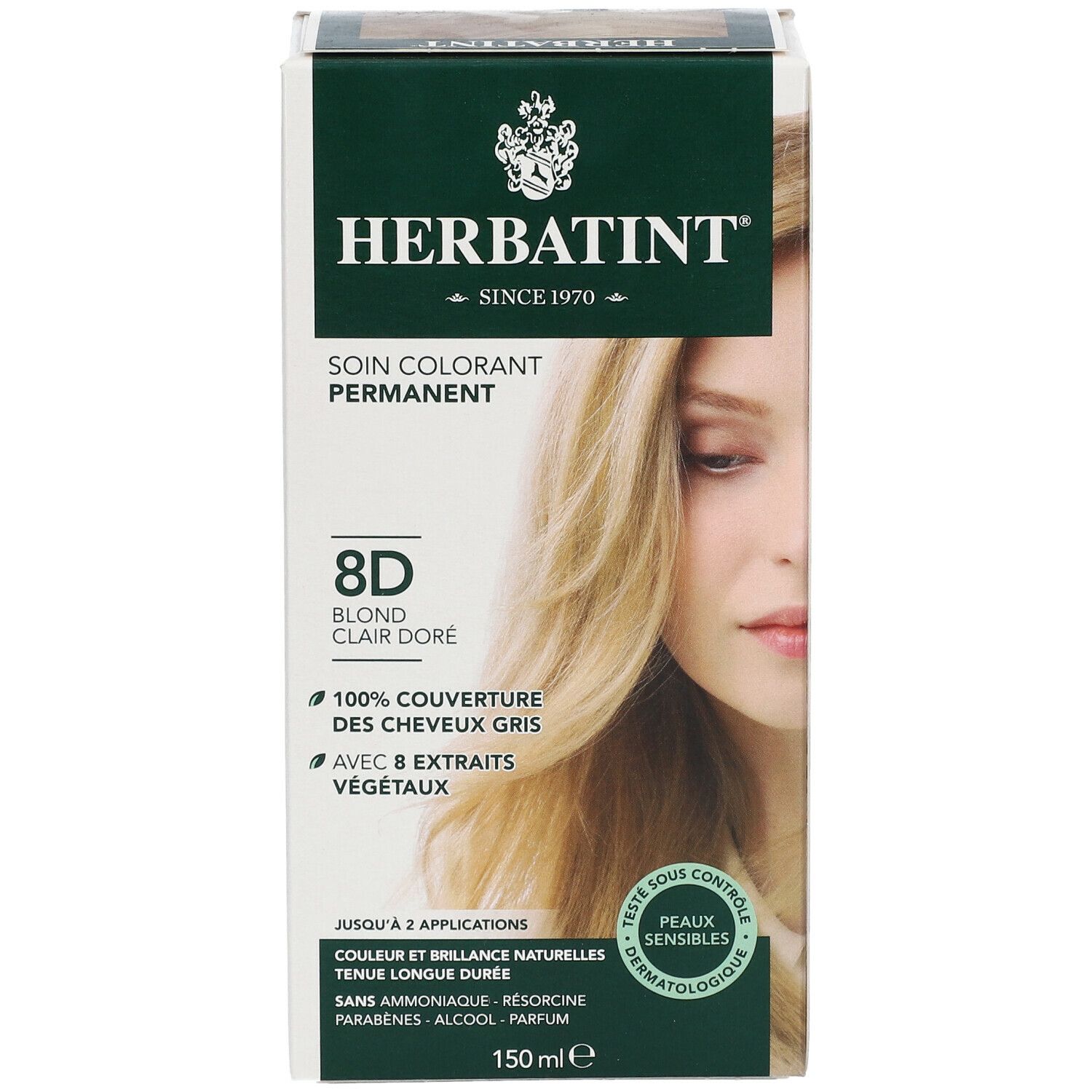 Emballage du produit. HERBATINT coloration permanente, 8D blond clair doré. 100% couverture des cheveux gris. Testé dermatologiquement. 150ml.