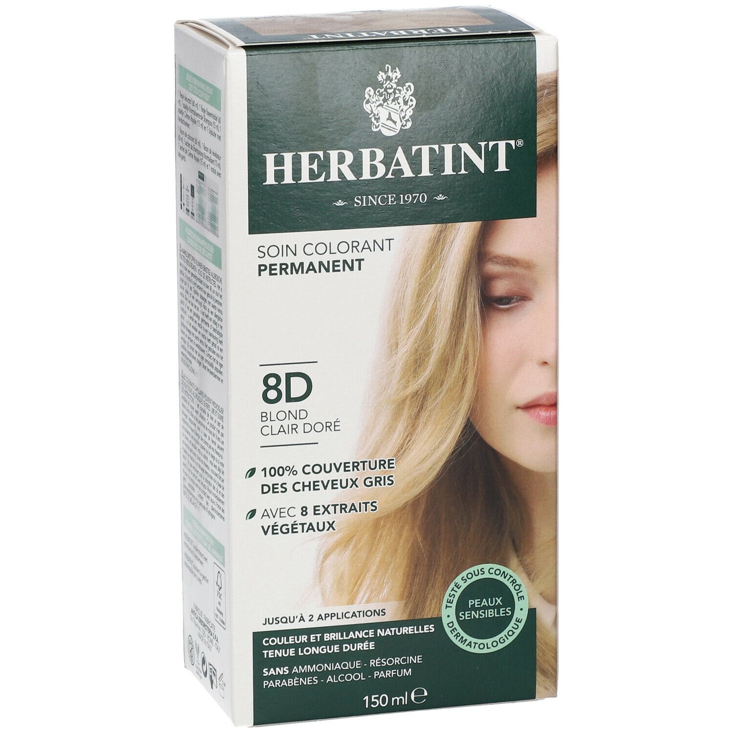 Emballage du produit. HERBATINT coloration permanente, 8D blond clair doré. 100% couverture des cheveux gris. Testé dermatologiquement. 150ml.
