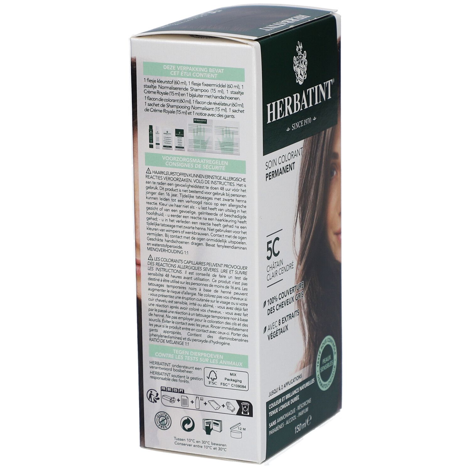 Vue latérale de la boîte de coloration Herbatint. Contient des informations sur l'utilisation et les ingrédients. Certifié FSC. Testé dermatologiquement.