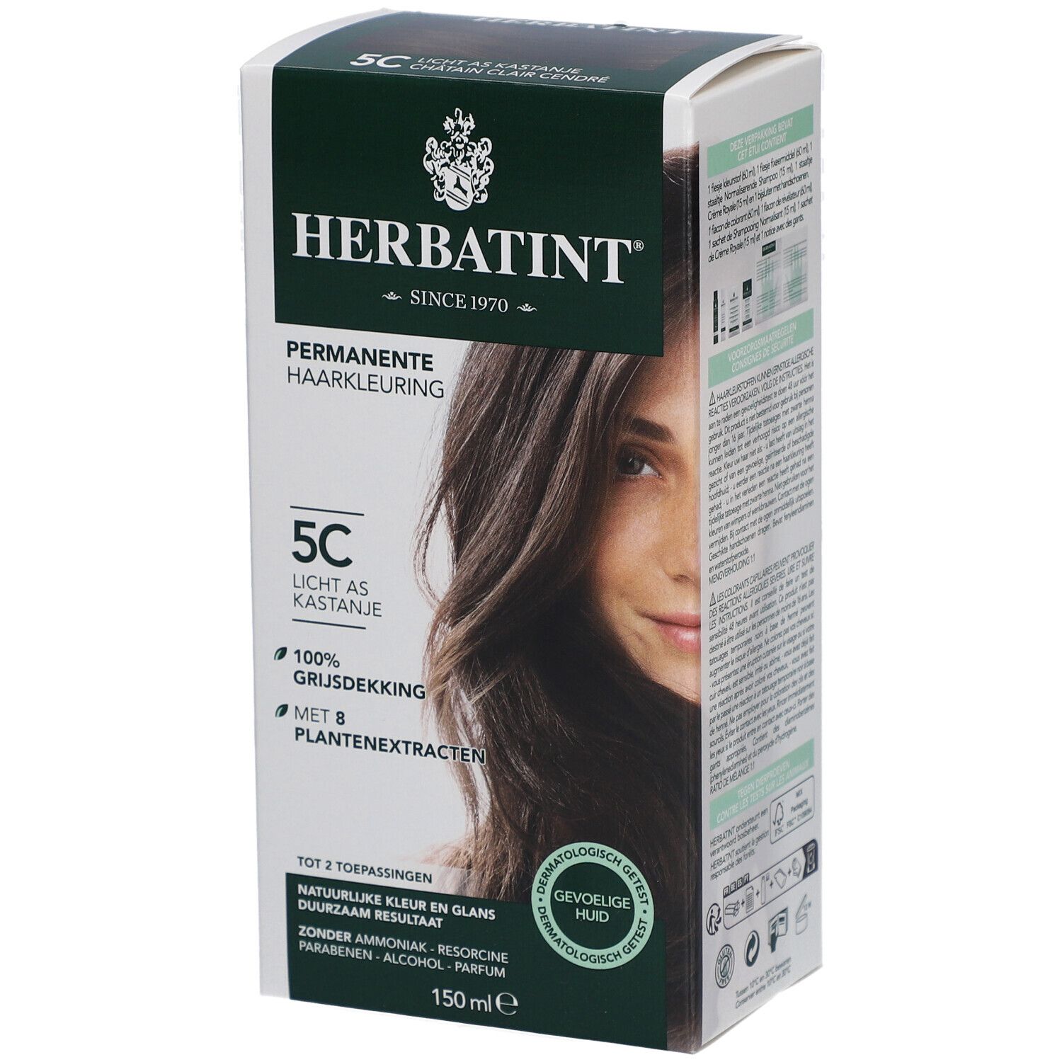 Boîte de coloration Herbatint. Permanente Haarkleuring 5C Licht as Kastanje. Couvre les cheveux gris. Avec extraits végétaux. Testé dermatologiquement. 150 ml.