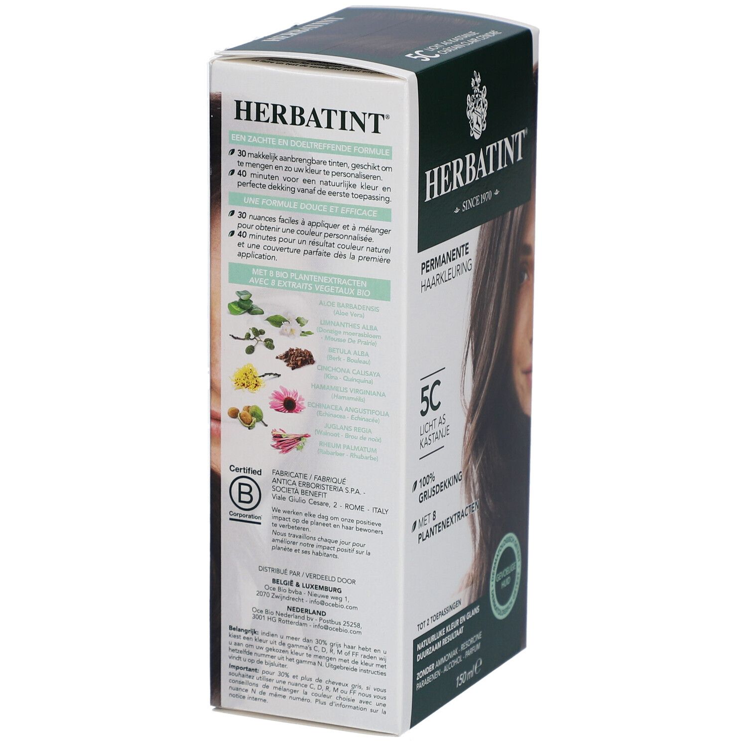 Vue latérale de la boîte de coloration Herbatint. Contient des informations sur l'utilisation et les ingrédients. Certifié FSC. Testé dermatologiquement.