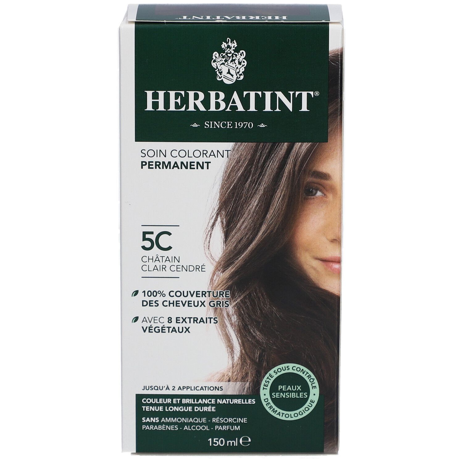 Boîte de coloration Herbatint. 5C Châtain Clair Cendré. Couvre les cheveux gris. Avec 8 extraits végétaux. Testé dermatologiquement. 150 ml.
