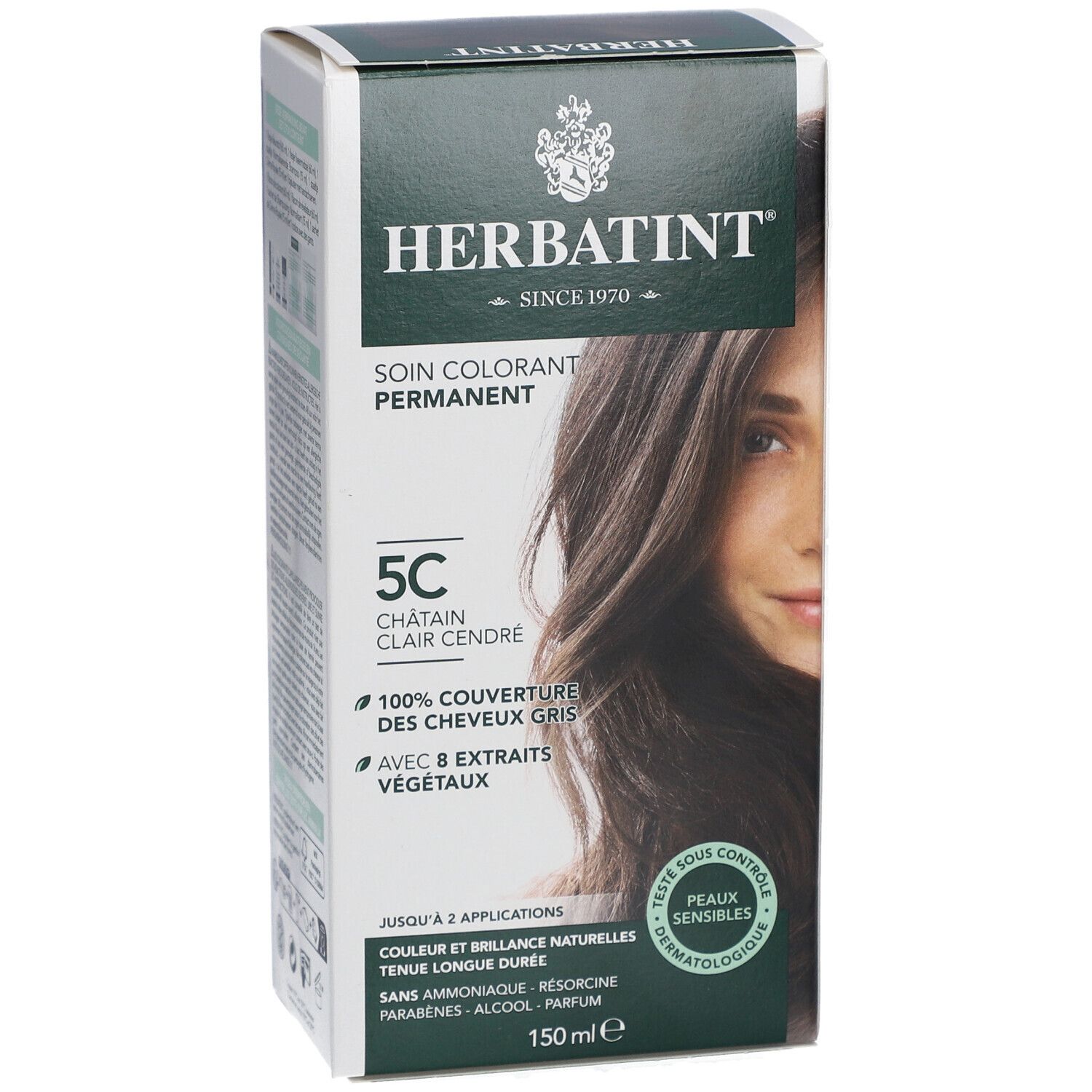 Boîte de coloration Herbatint. 5C Châtain Clair Cendré. Couvre les cheveux gris. Avec 8 extraits végétaux. Testé dermatologiquement. 150 ml.