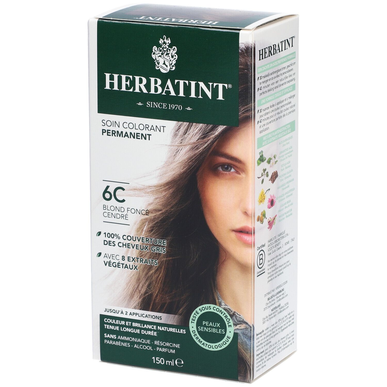 Haarkleurdoos Herbatint 6C Blond Foncé Cendré. 100% dekking van grijs haar. Met 8 kruidenextracten. 150 ml. Dermatologisch getest.