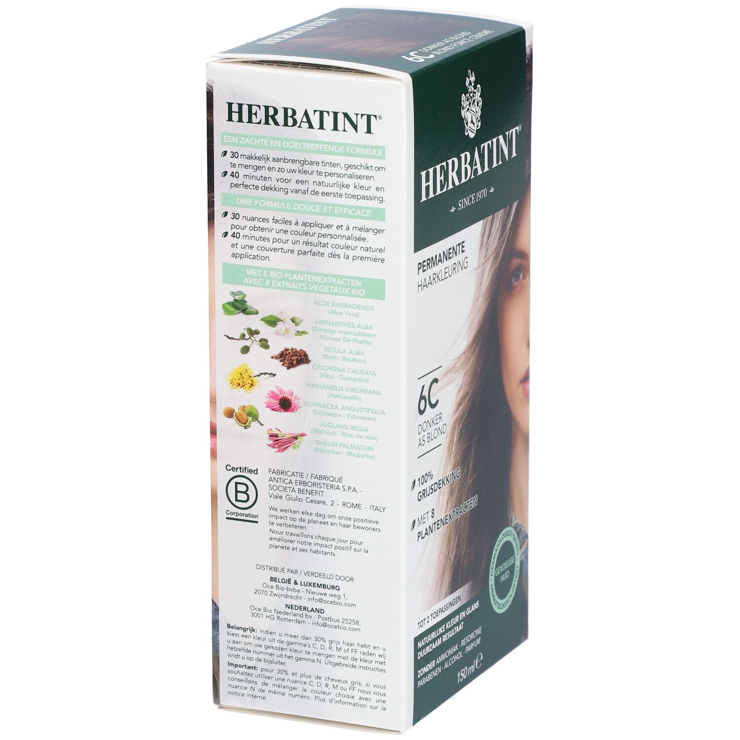 Haarkleurdoos Herbatint 6C Blond Foncé Cendré. Zijkant met instructies en ingrediënten. Dermatologisch getest.