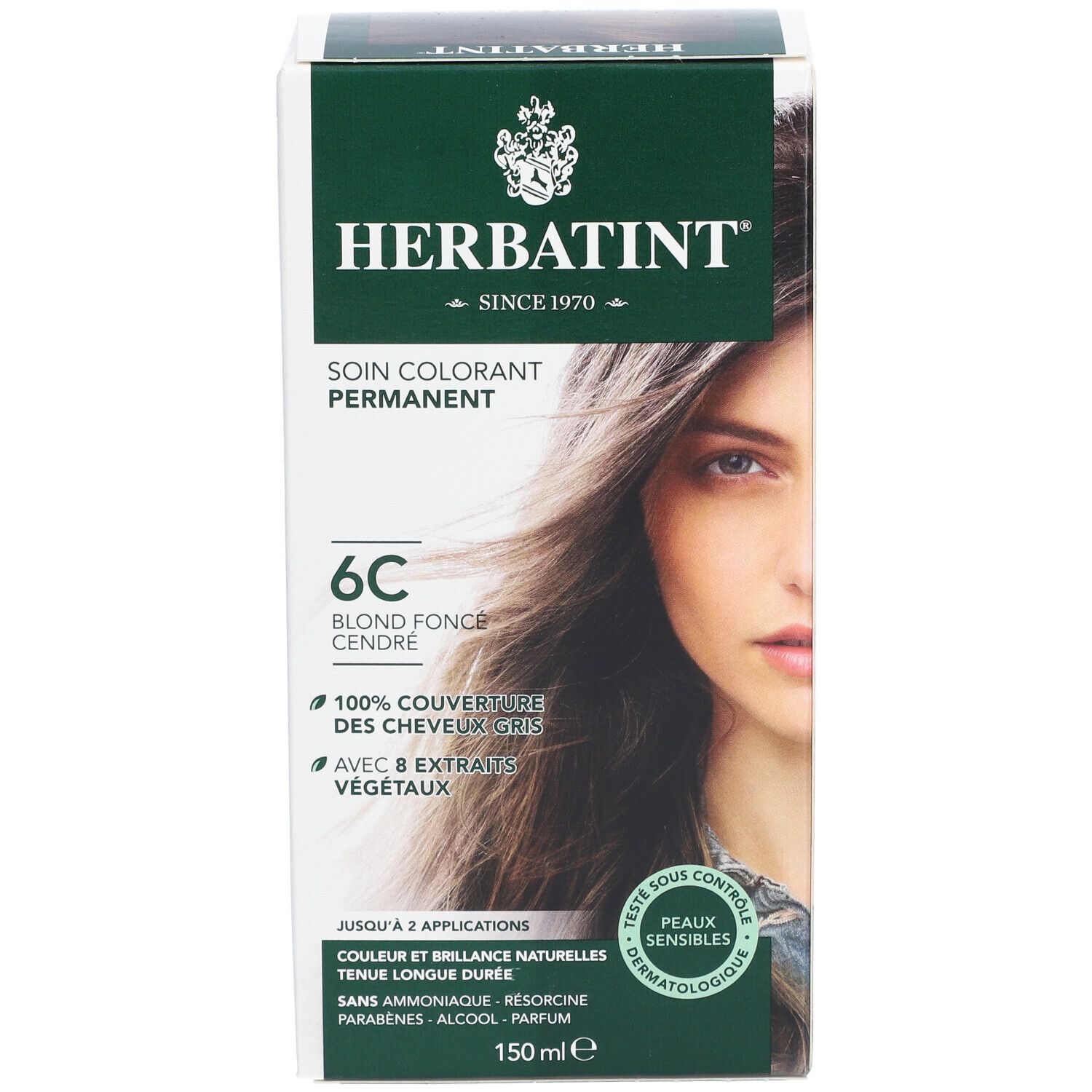 Haarkleurdoos Herbatint 6C Blond Foncé Cendré. 100% dekking van grijs haar. Met 8 kruidenextracten. 150 ml. Dermatologisch getest.