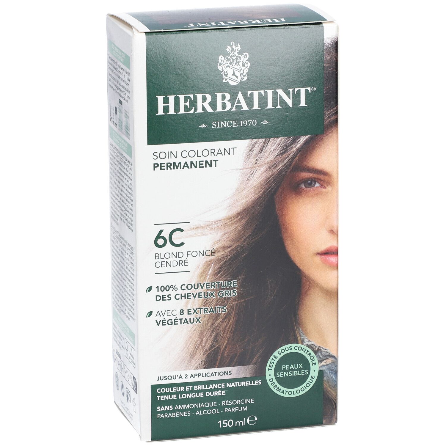 Haarkleurdoos Herbatint 6C Blond Foncé Cendré. 100% dekking van grijs haar. Met 8 kruidenextracten. 150 ml. Dermatologisch getest.