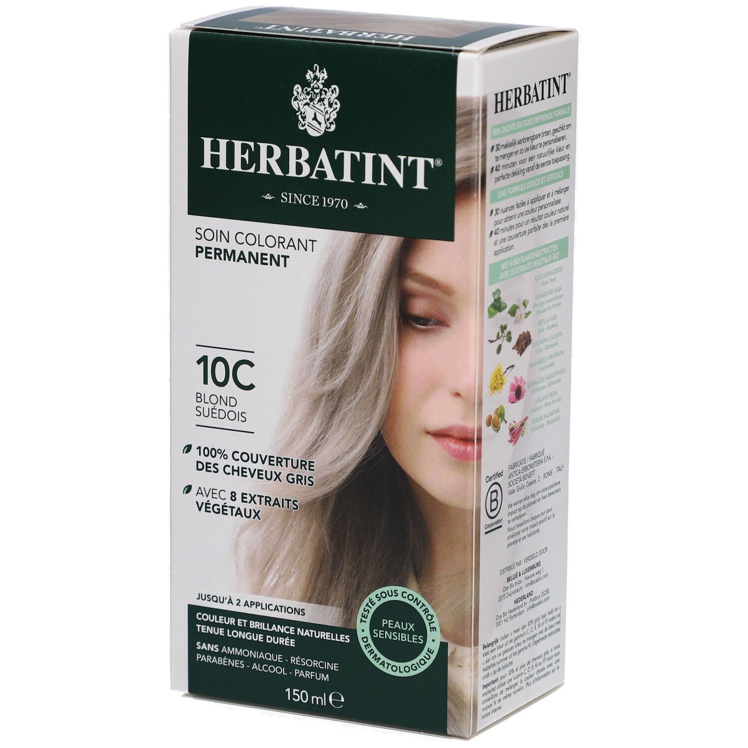 Herbatint haarverfdoos, 10C Zweeds blond. Bedekt grijs haar. Met 8 plantenextracten. 150ml. Dermatologisch getest.