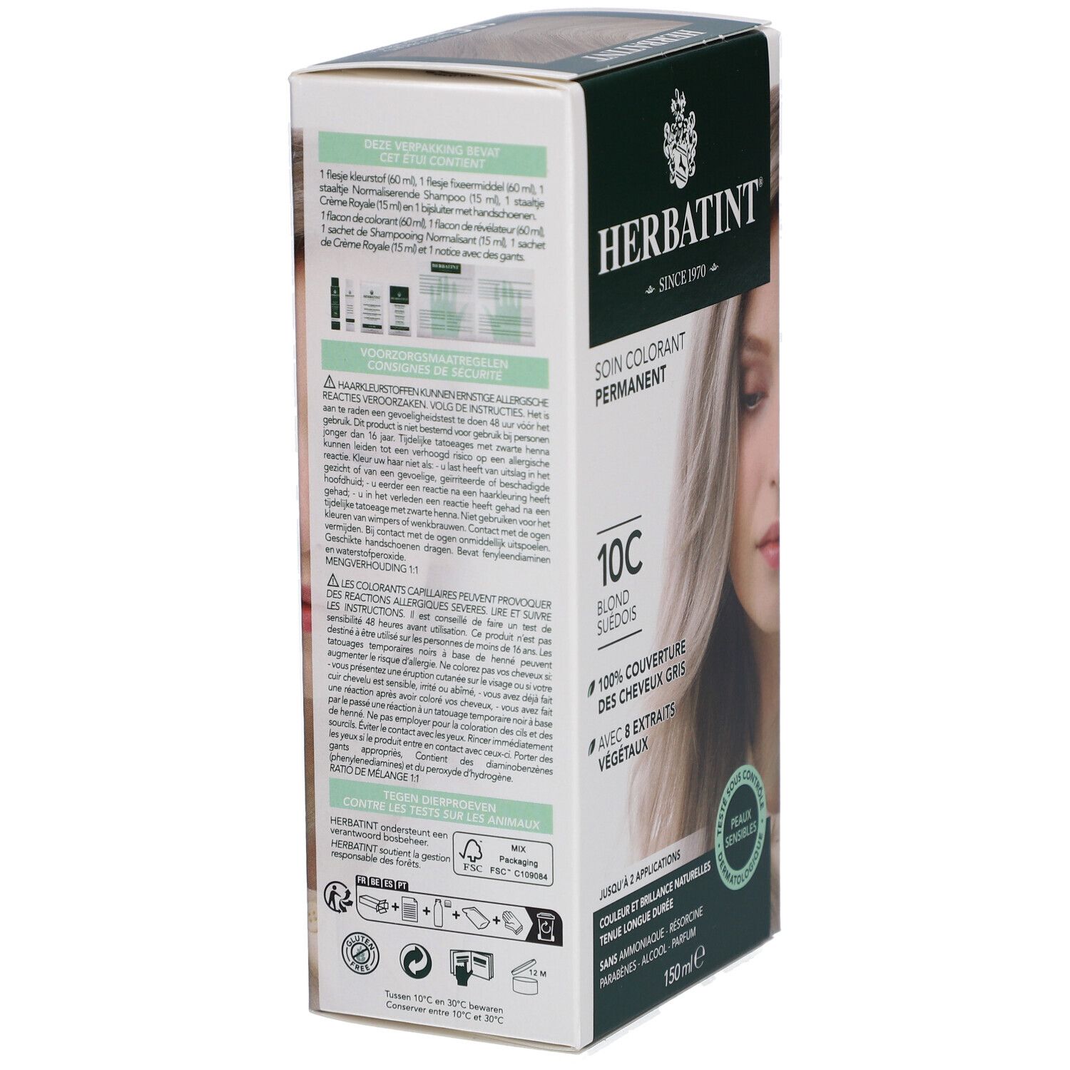 Achterkant Herbatint-doos. Instructies en ingrediënten. 10C Zweeds blond. 150ml. Dermatologisch getest. Milieukeur.