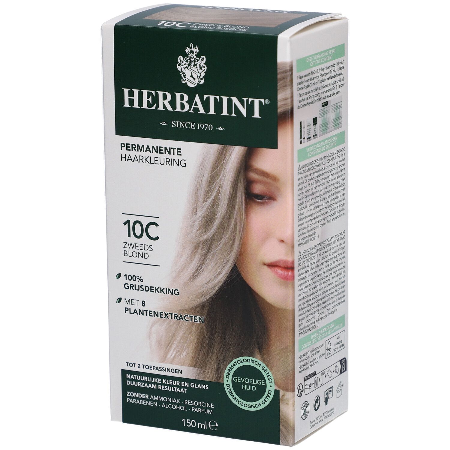 Herbatint haarverfdoos, 10C Zweeds blond. Permanente haarkleuring. 100% grijsdekking. Met 8 plantenextracten. 150ml.