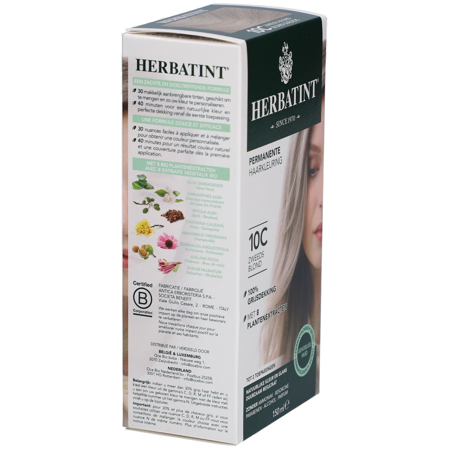 Achterkant Herbatint-doos. Instructies en ingrediënten. 10C Zweeds blond. 150ml. Dermatologisch getest. Milieukeur.