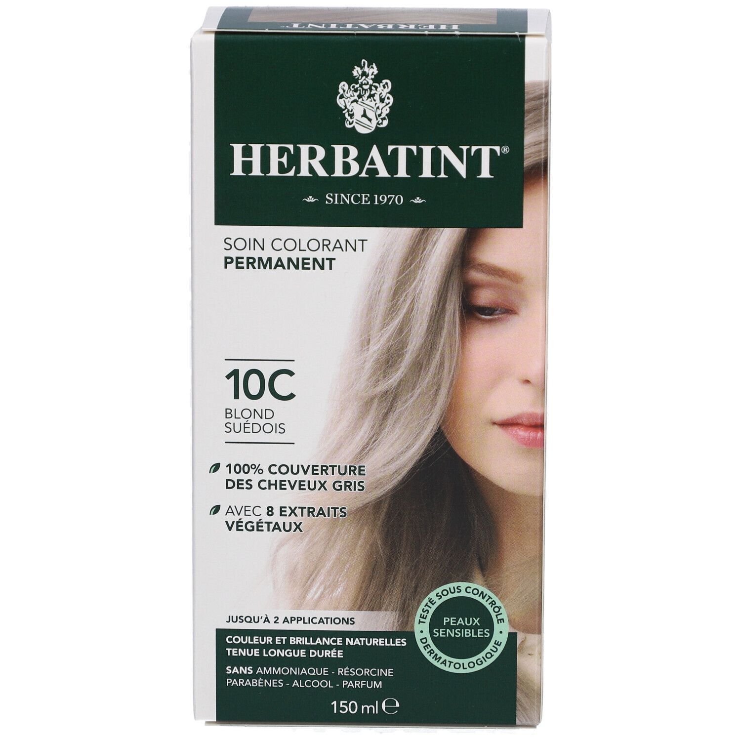 Herbatint haarverfdoos, 10C Zweeds blond. Bedekt grijs haar. Met 8 plantenextracten. 150ml. Dermatologisch getest.