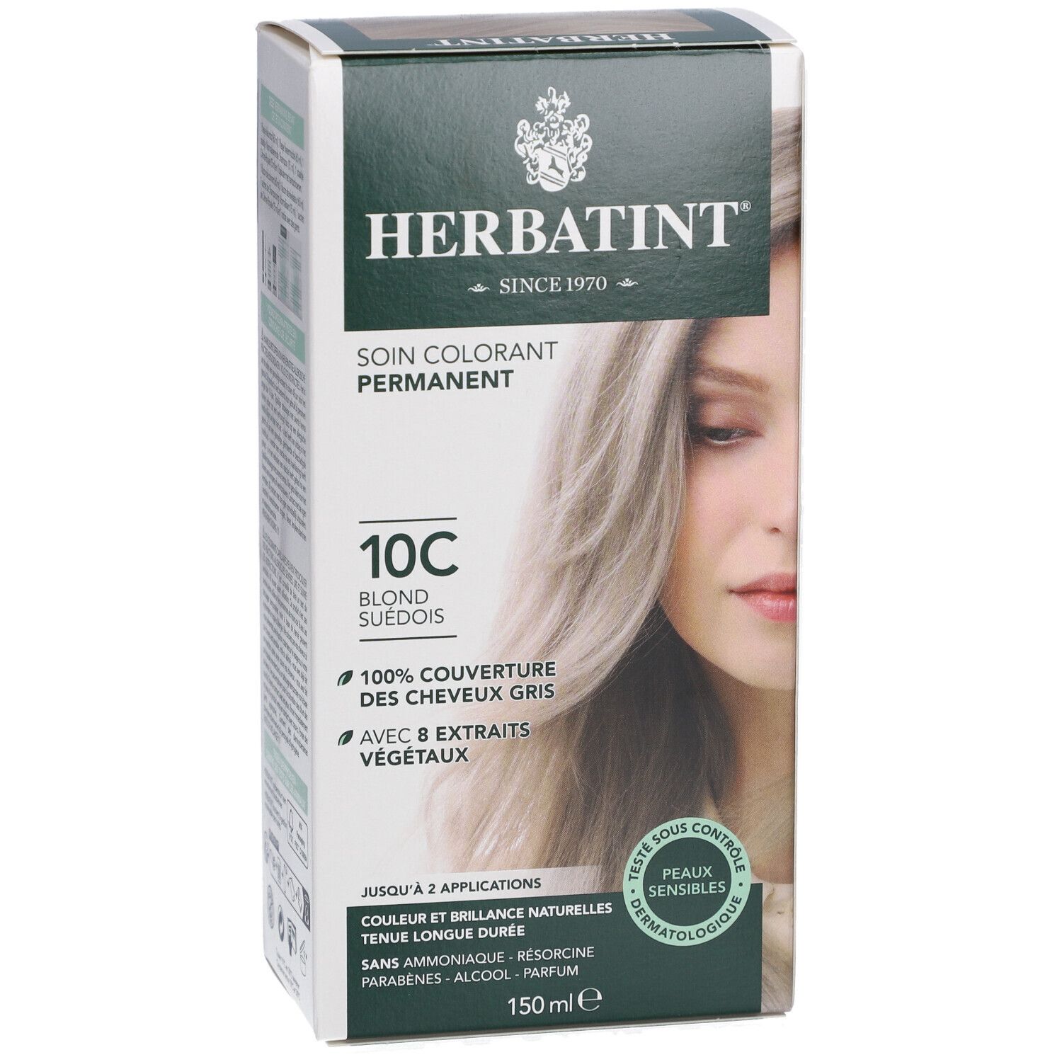 Herbatint haarverfdoos, 10C Zweeds blond. Bedekt grijs haar. Met 8 plantenextracten. 150ml. Dermatologisch getest.
