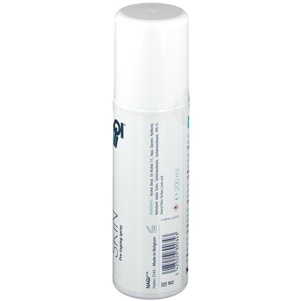 Flacon spray blanc. Inscription "NAQI", "CLEAN SKIN" et "Pre-taping spray". Liste des ingrédients et volume 200 ml.