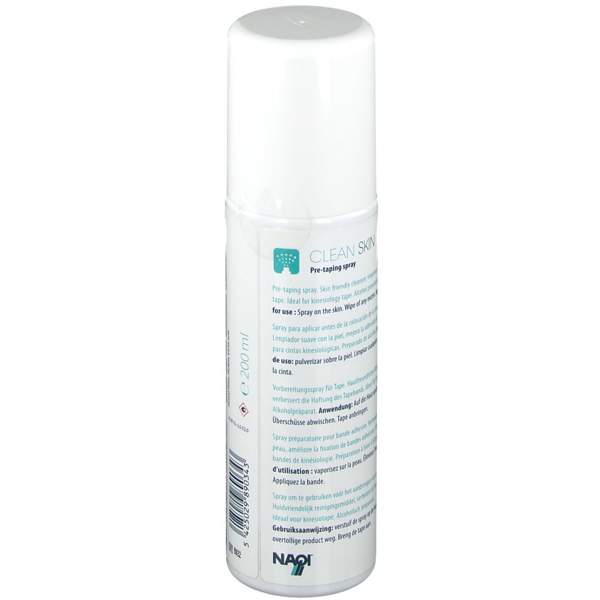 Flacon spray blanc avec texte. Inscription "CLEAN SKIN" et "Pre-taping spray". Mode d'emploi.