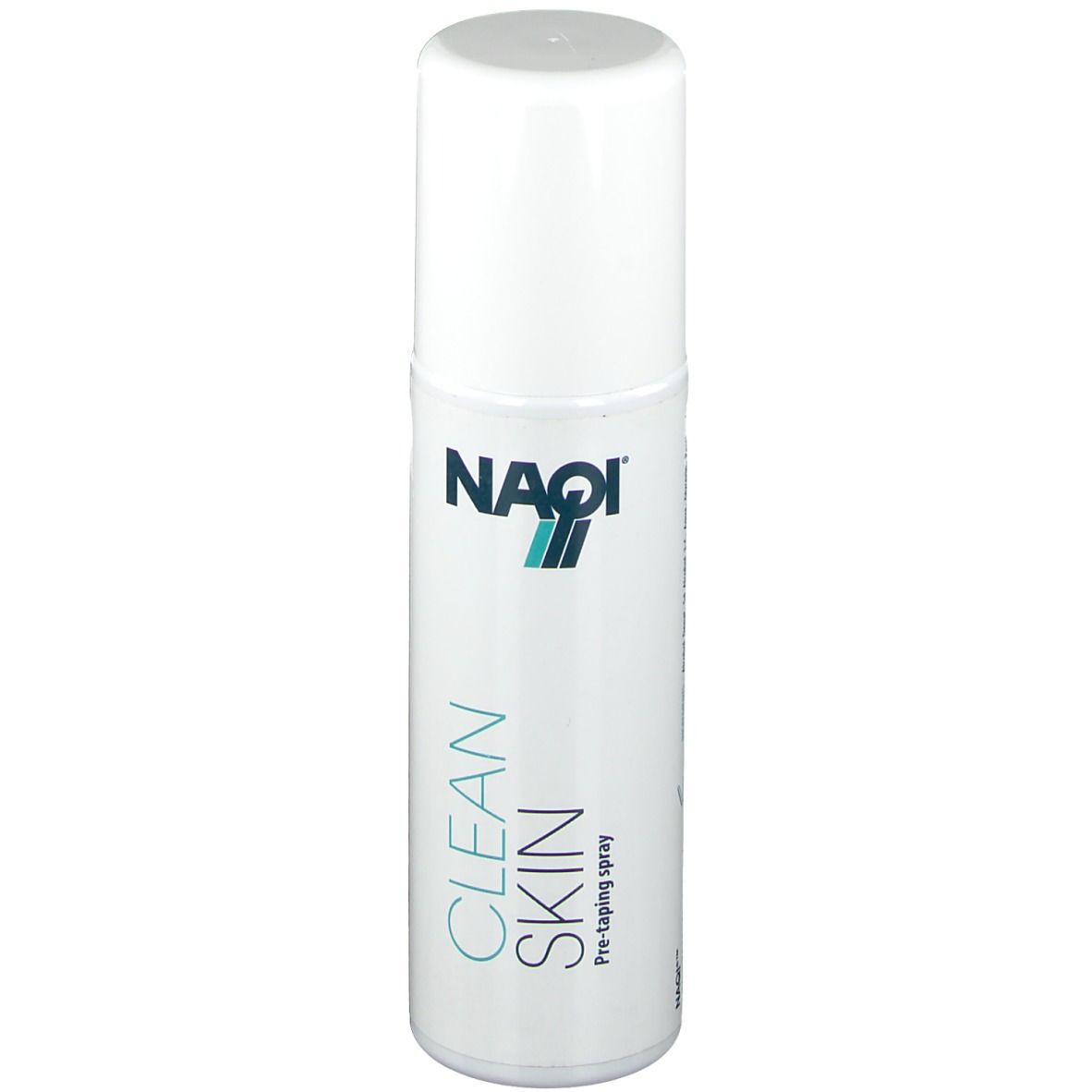 Flacon spray blanc avec inscription bleu-vert "NAQI" et "CLEAN SKIN". Spray de pré-taping.