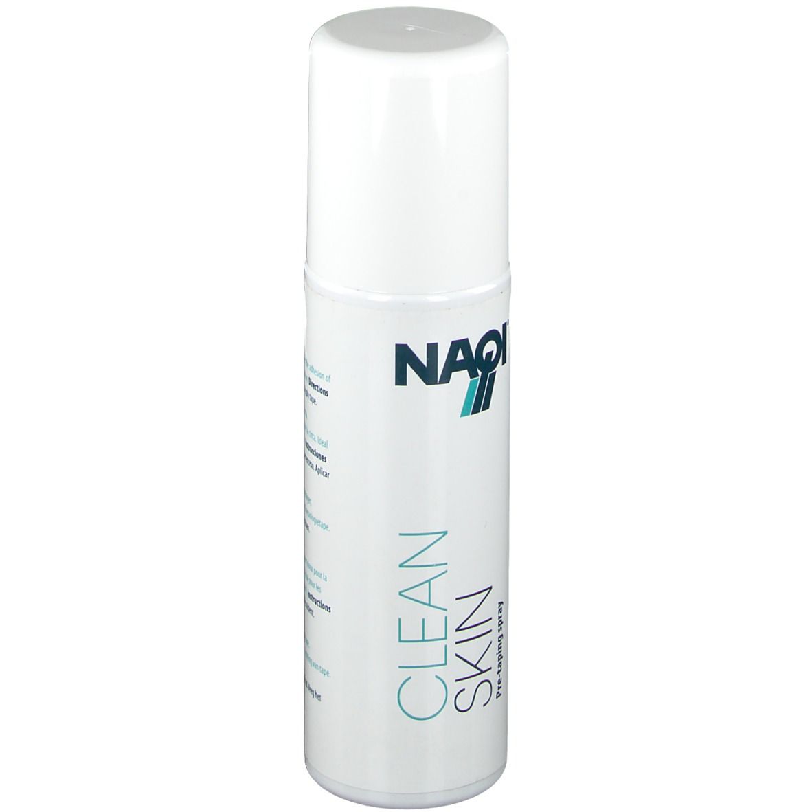 Flacon spray blanc avec inscription bleu-vert "NAQI" et "CLEAN SKIN". Spray de pré-taping.