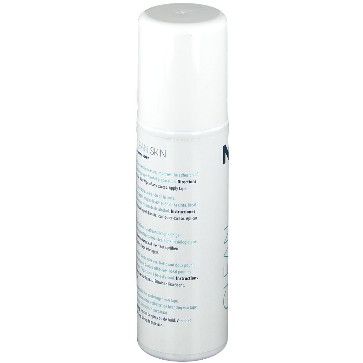 Flacon spray blanc avec texte. Inscription "CLEAN SKIN" et "Pre-taping spray". Mode d'emploi.