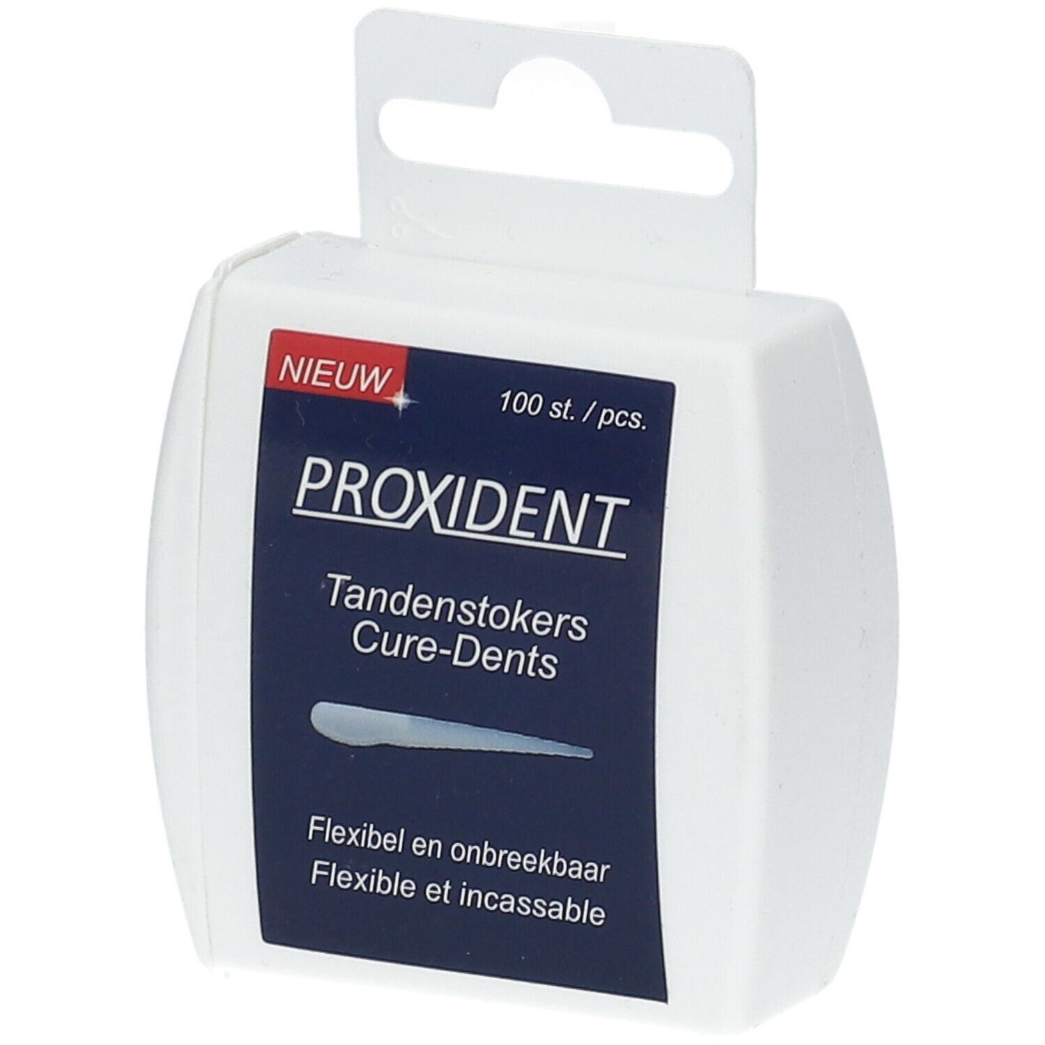 Boîte blanche "PROXIDENT" avec "Tandenstokers Cure-Dents". Contient 100 pièces. Flexible et incassable.