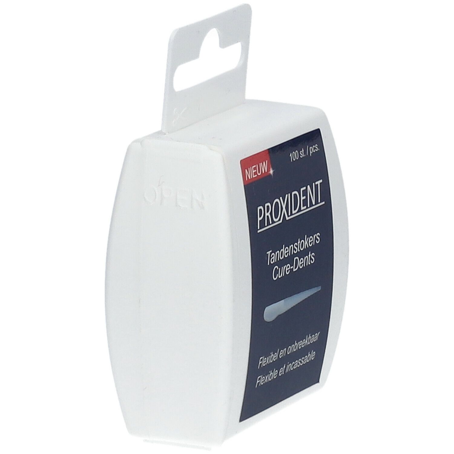 Boîte blanche "PROXIDENT" avec "Tandenstokers Cure-Dents". Marque "OPEN". Flexible et incassable.
