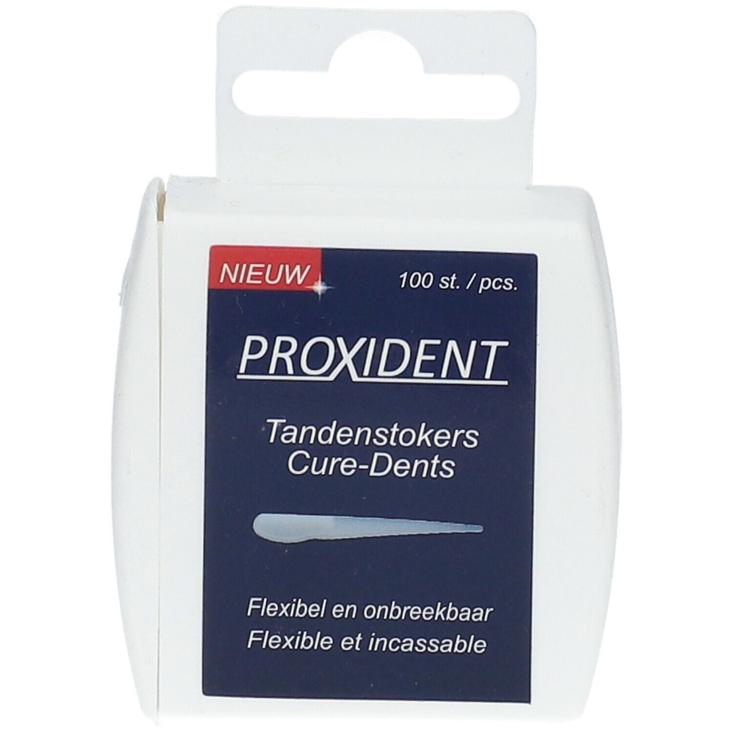 Boîte blanche "PROXIDENT" avec "Tandenstokers Cure-Dents". Contient 100 pièces. Flexible et incassable.