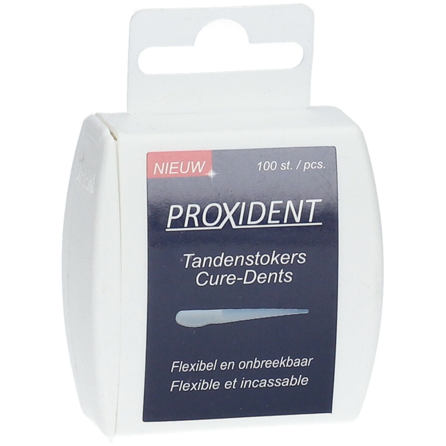 Boîte blanche "PROXIDENT" avec "Tandenstokers Cure-Dents". Contient 100 pièces. Flexible et incassable.