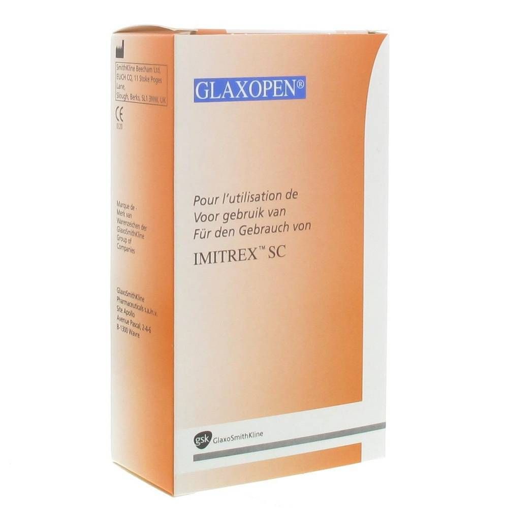 Boîte de Glaxopen Imirtex SC. Carton blanc et orange avec nom du produit et texte multilingue.