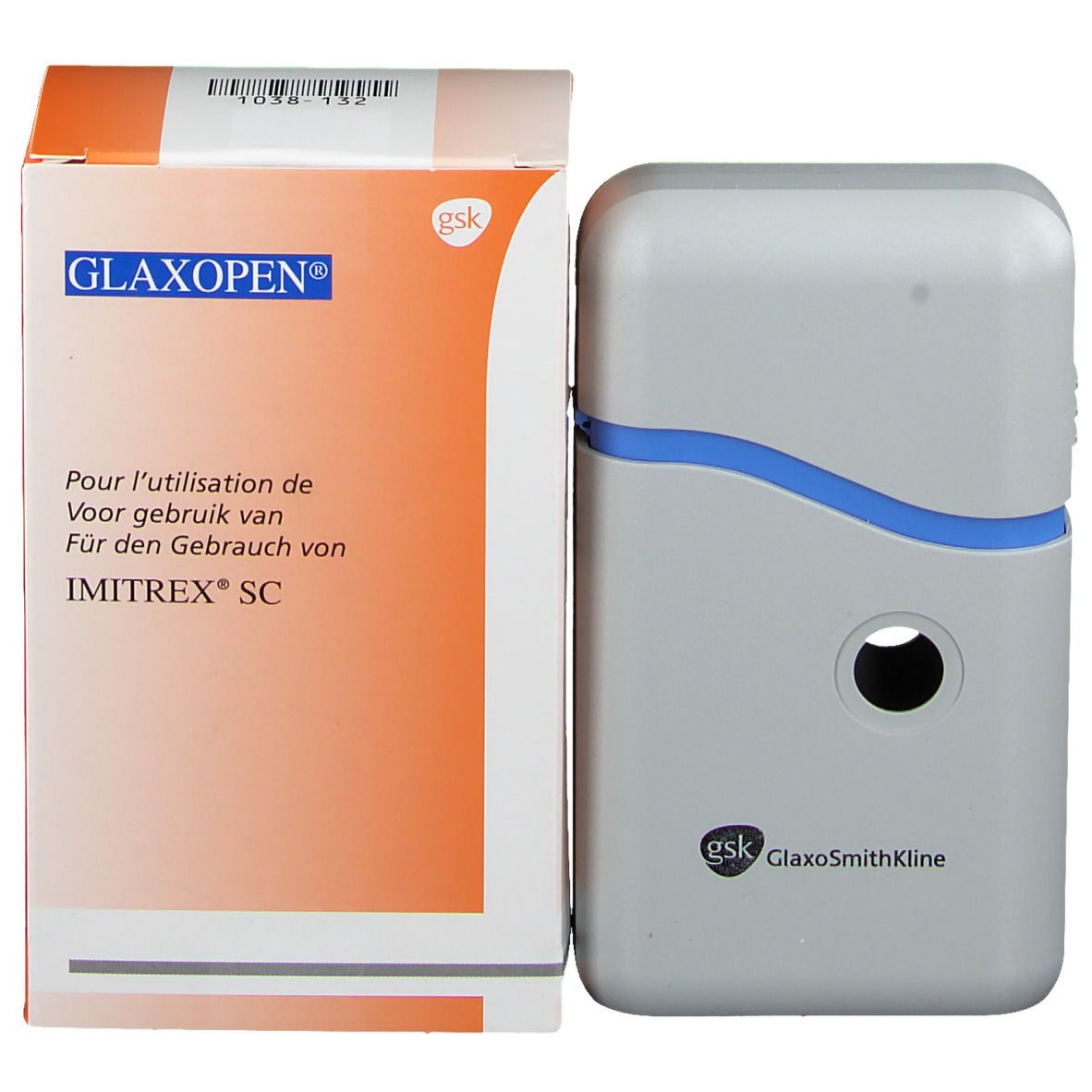 Glaxopen Imirtex SC et auto-injecteur. Emballage et appareil côte à côte. Logo GlaxoSmithKline.