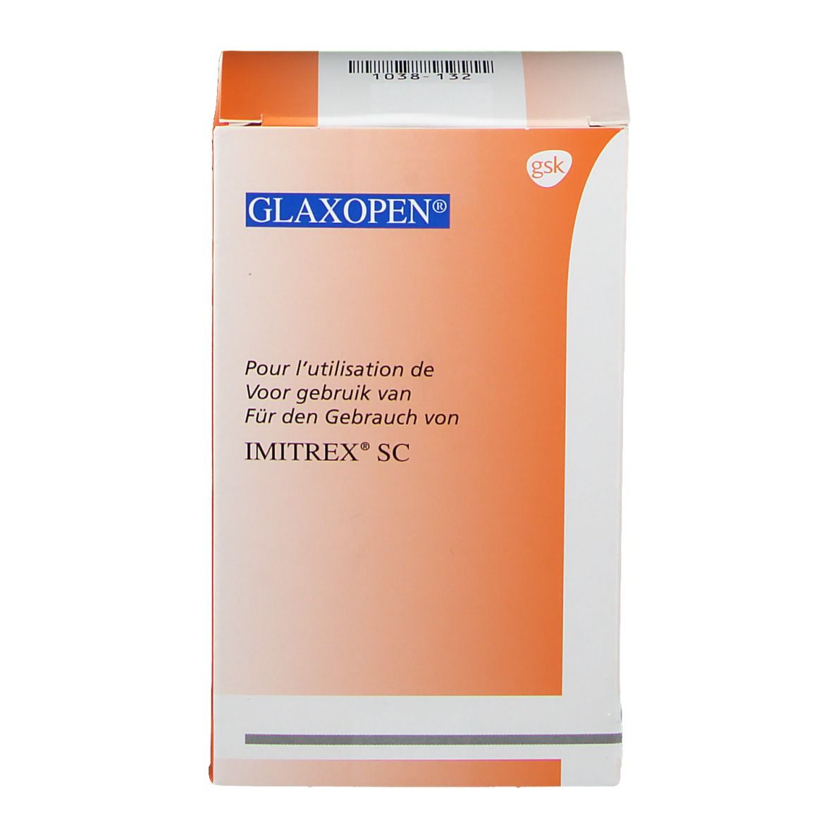 Boîte de Glaxopen Imirtex SC. Carton blanc et orange avec nom du produit et texte multilingue.
