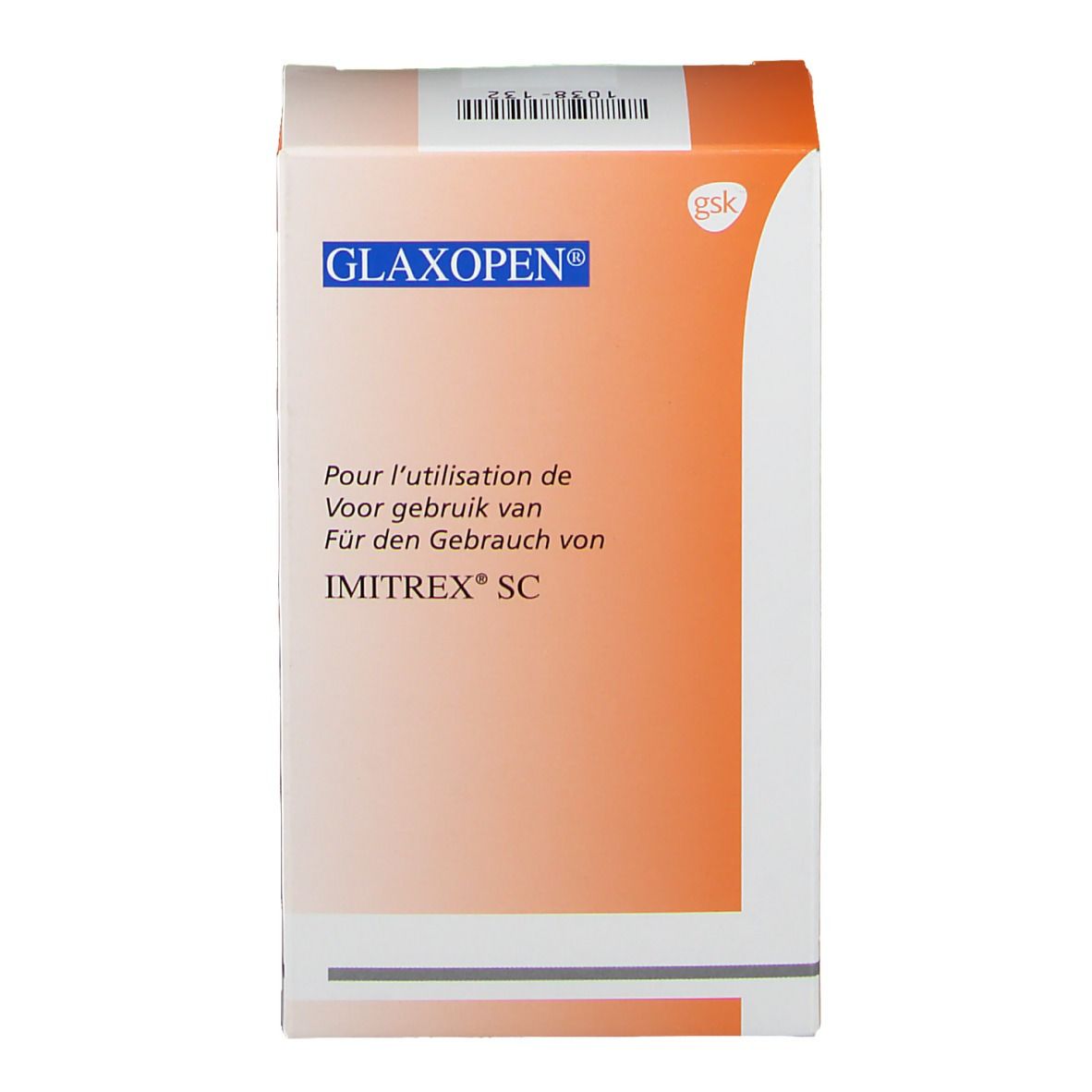 Boîte de Glaxopen Imirtex SC. Carton blanc et orange avec nom du produit et texte multilingue.