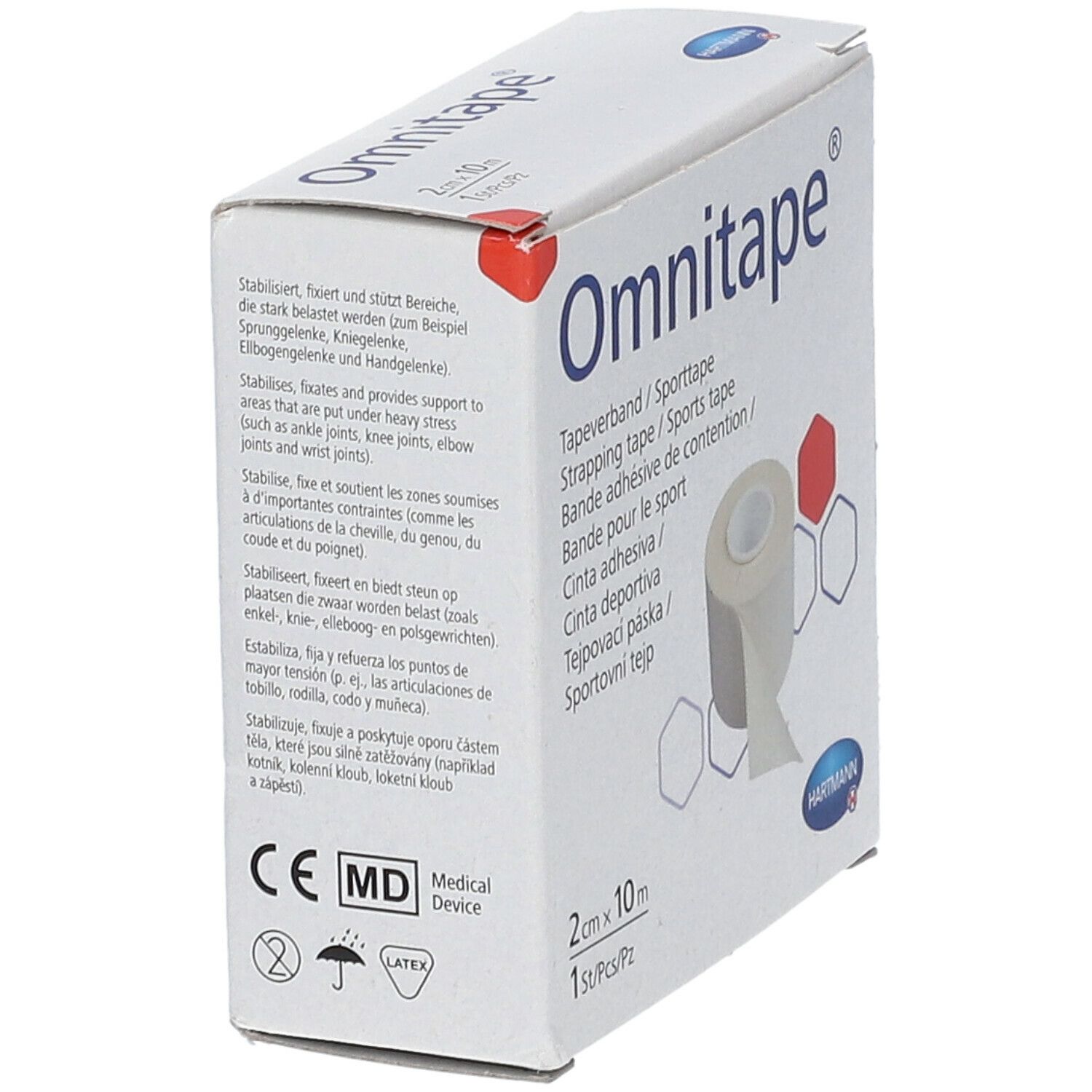 Omnitape® verpakking. Rol sporttape, 2cm x 10m. Medisch hulpmiddel. Latex symbool. Hartmann logo.