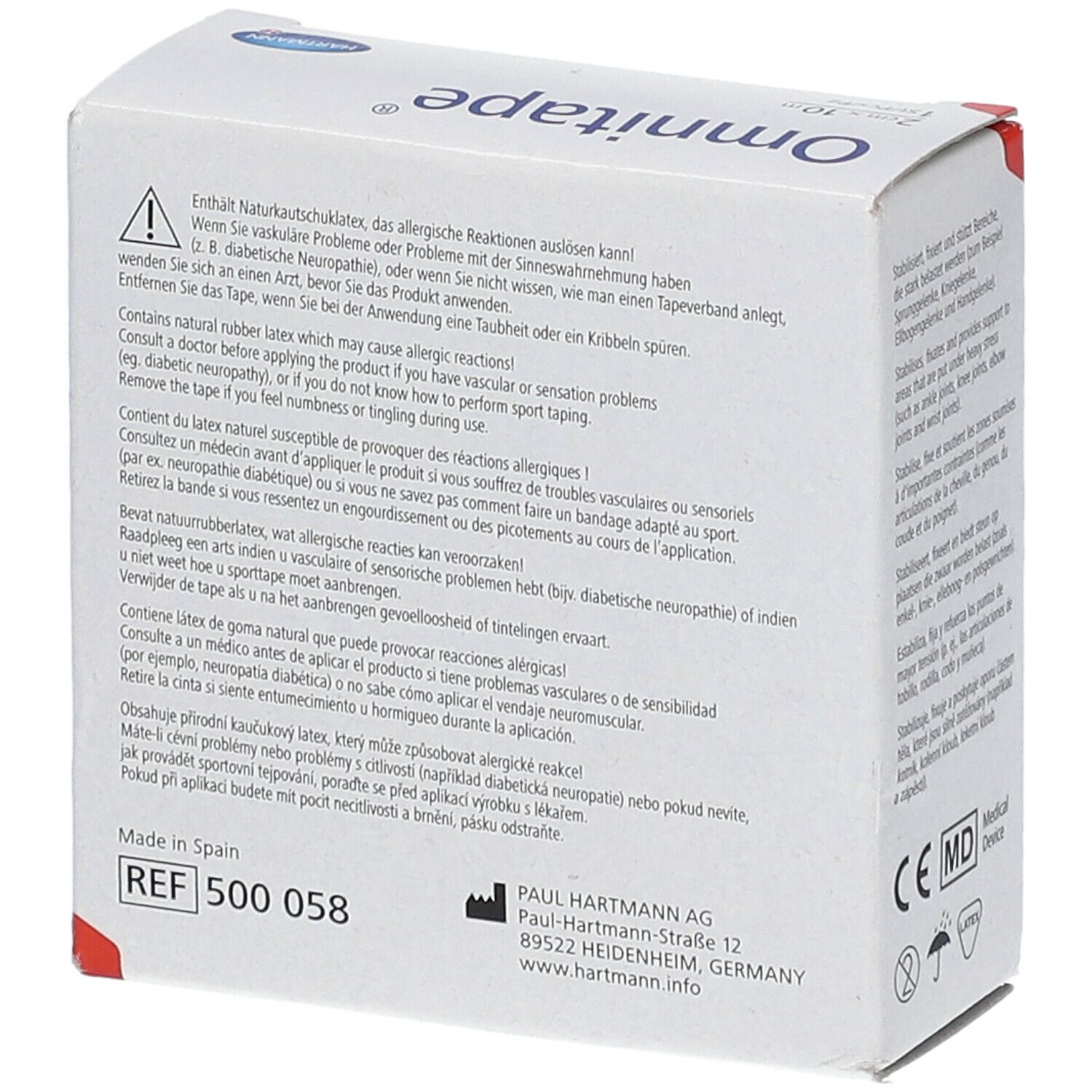 Omnitape® verpakking. Waarschuwingen. Bevat natuurlijk latex. Fabrikant: Paul Hartmann AG, Duitsland. CE-markering.