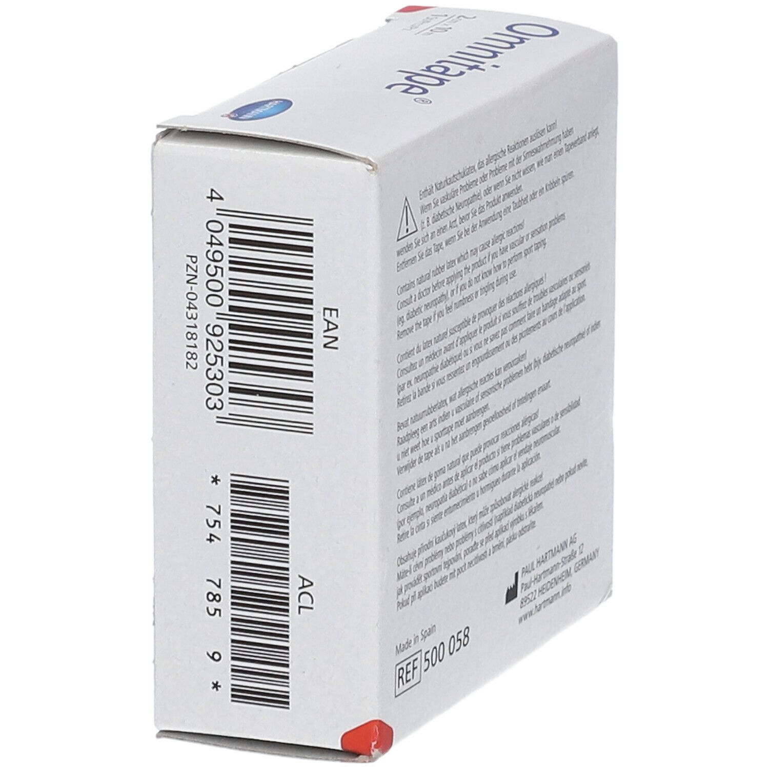 Omnitape® verpakking. Barcode, EAN-code. Fabrikantenadres: Paul Hartmann AG. REF-nummer, CE-markering.