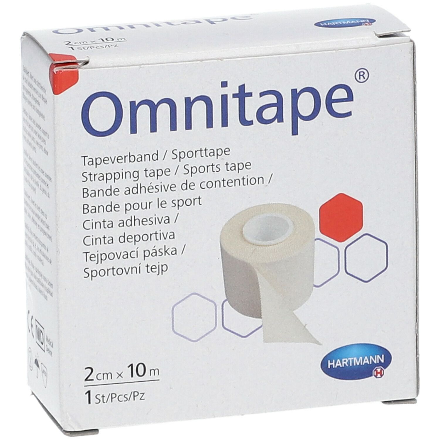 Omnitape® verpakking. Rol sporttape, 2cm x 10m. Witte tape in doos. Hartmann logo.