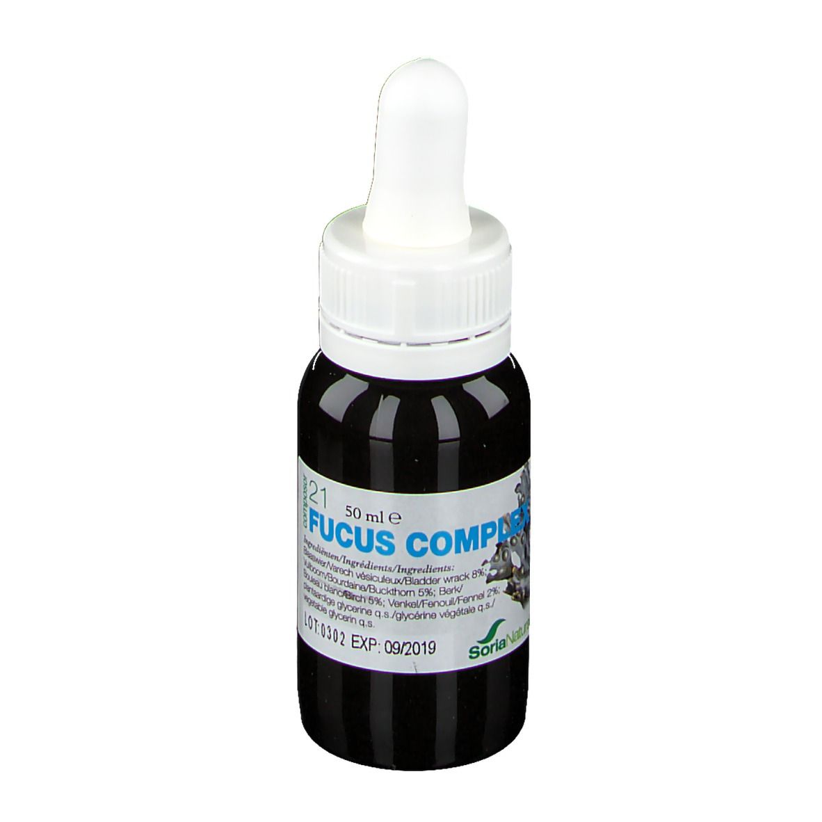 Flacon en verre brun avec bouchon blanc et pipette. Étiquette avec nom du produit et ingrédients. Marque: Soria Natural.