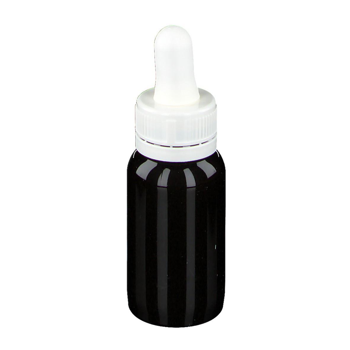 Flacon en verre brun avec bouchon blanc et pipette. Étiquette avec nom du produit et ingrédients. Marque: Soria Natural.