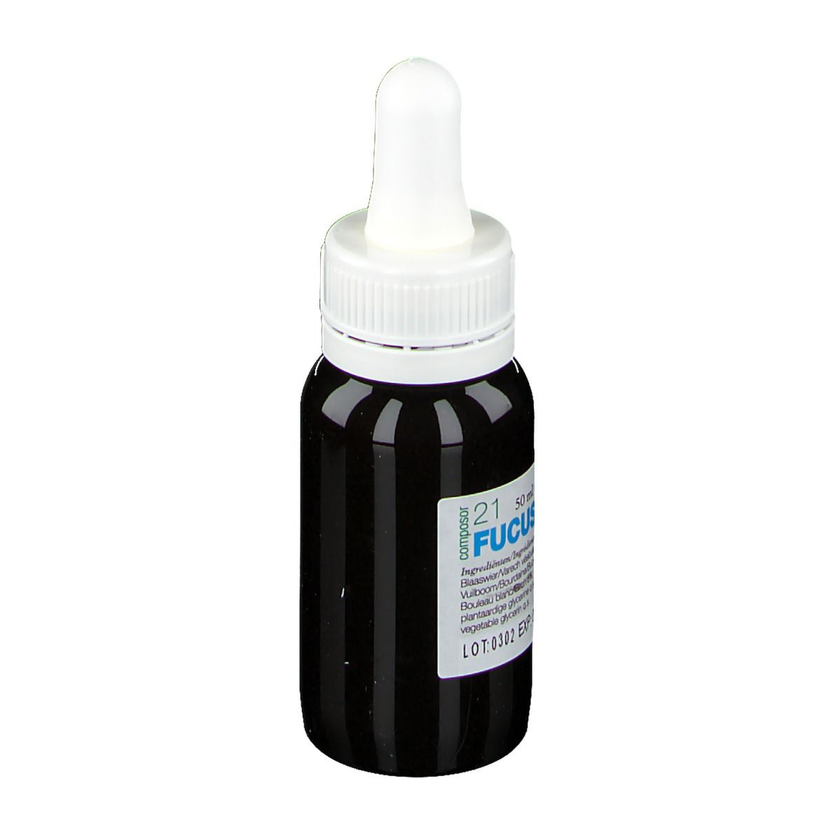 Flacon en verre brun avec bouchon blanc et pipette. Étiquette avec nom du produit et ingrédients. Marque: Soria Natural.