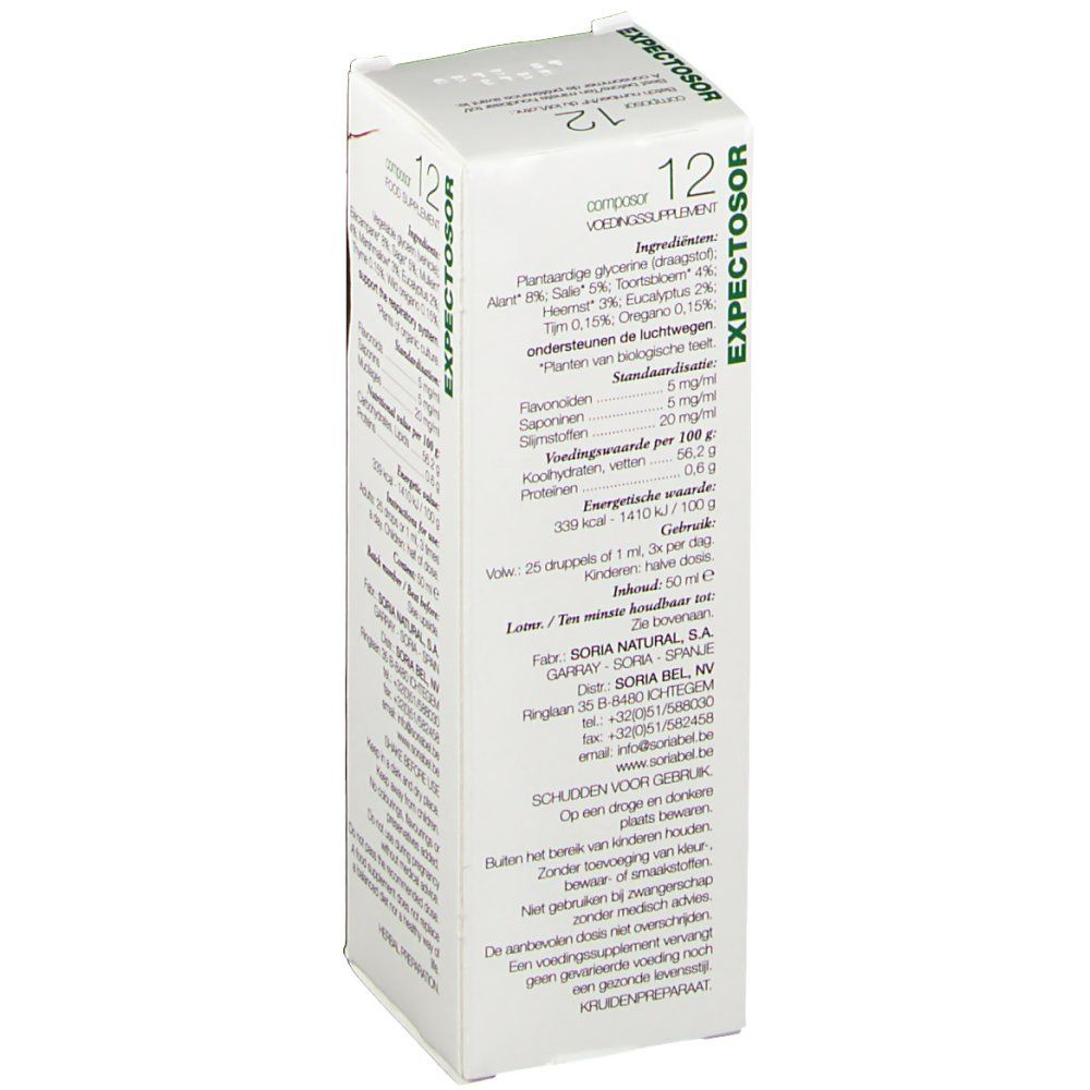 Boîte blanche, vue latérale. Inscription : EXPECTOSOR, Composor 12. Texte avec ingrédients, valeurs nutritionnelles et mode d'emploi.