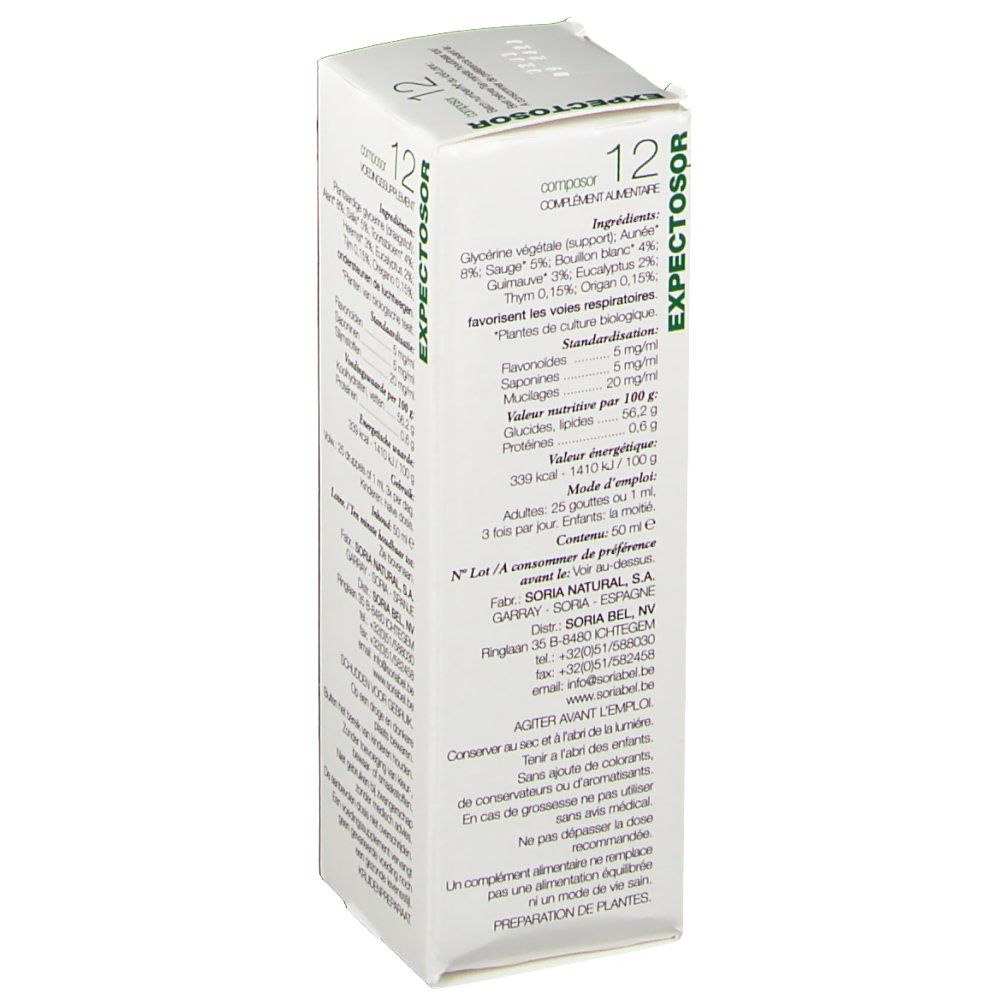 Boîte blanche, vue latérale. Inscription : EXPECTOSOR, Composor 12. Texte avec ingrédients, valeurs nutritionnelles et mode d'emploi.