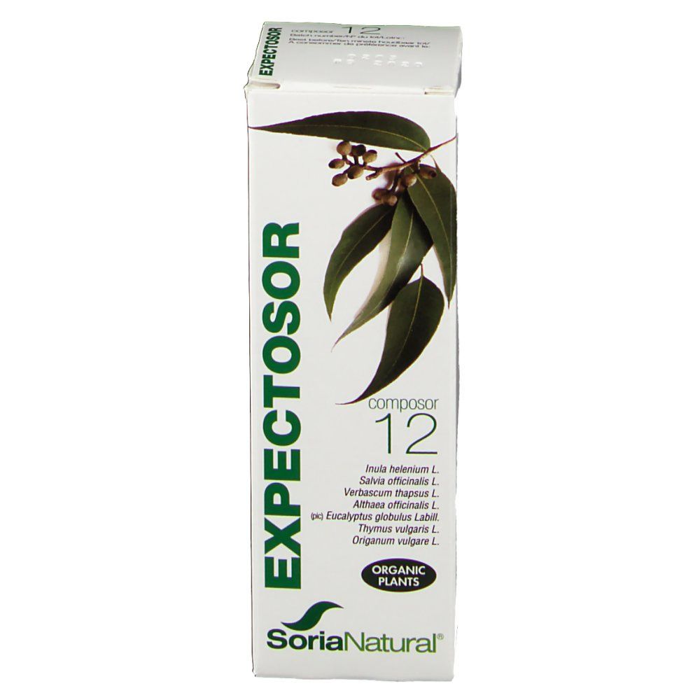 Boîte blanche avec impression verte. Inscription : EXPECTOSOR, Composor 12, Soria Natural. Illustration de feuilles.