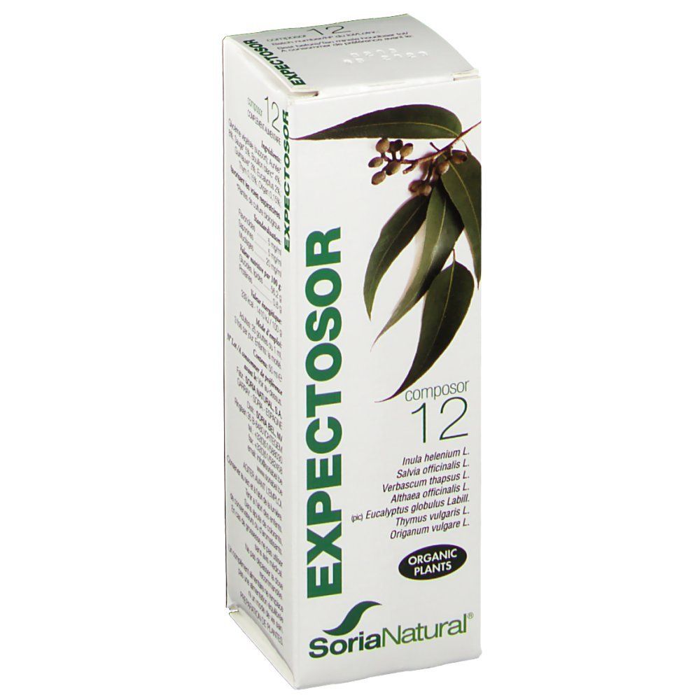 Boîte blanche avec impression verte. Inscription : EXPECTOSOR, Composor 12, Soria Natural. Illustration de feuilles.