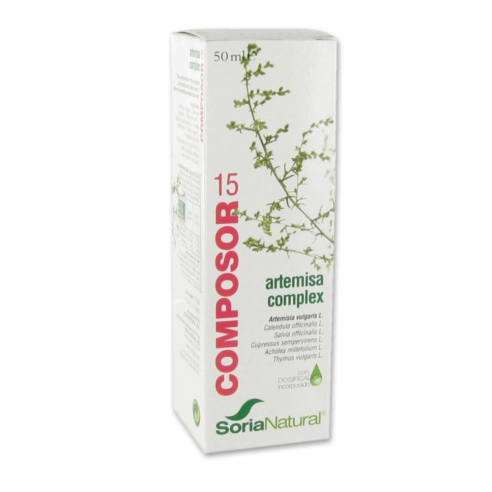 Boîte blanche avec informations produit. Inscriptions "COMPOSOR 15", "artemisa complex" et "Soria Natural".