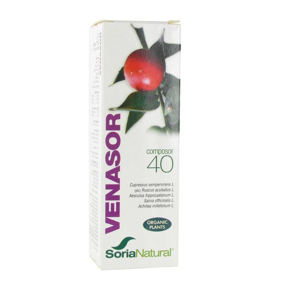 Boîte en carton avec le nom du produit VENASOR et Composor 40. Illustration d'un fruit rouge avec des feuilles. Logo SoriaNatural.