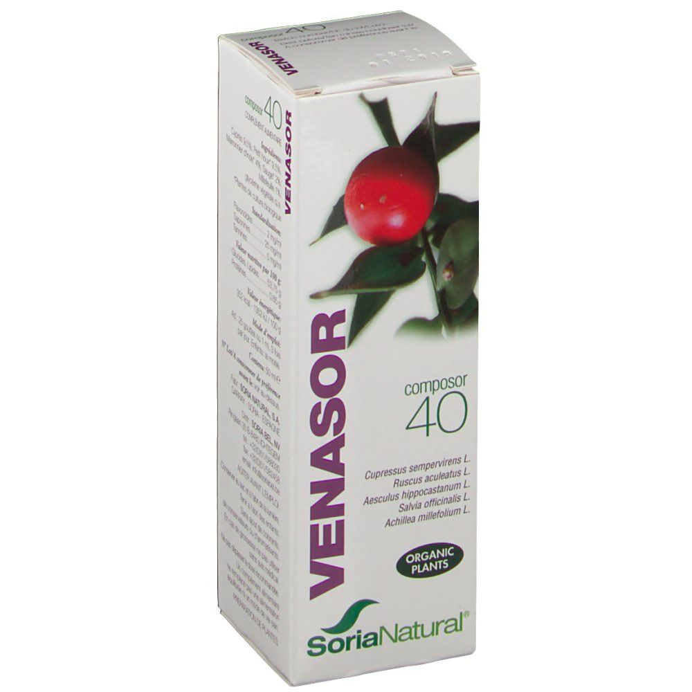 Boîte en carton avec le nom du produit VENASOR et Composor 40. Illustration d'un fruit rouge avec des feuilles. Logo SoriaNatural.