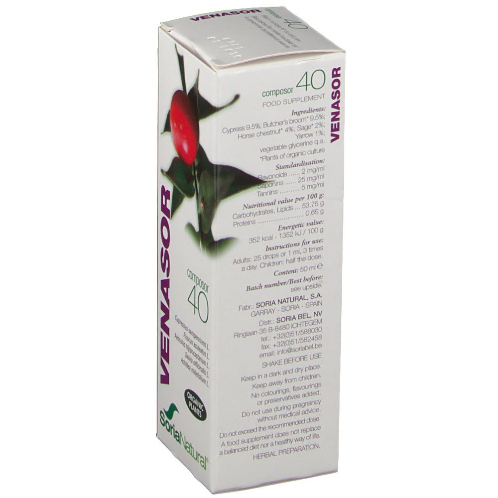 Boîte en carton avec le nom du produit VENASOR et Composor 40. Contient des informations sur les ingrédients et les valeurs nutritionnelles. Logo SoriaNatural.