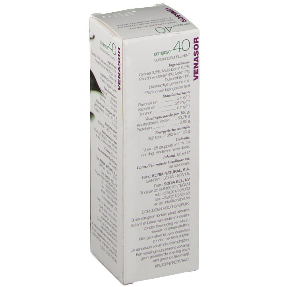 Boîte en carton avec le nom du produit VENASOR et Composor 40. Contient des informations sur les ingrédients et les valeurs nutritionnelles. Logo SoriaNatural.